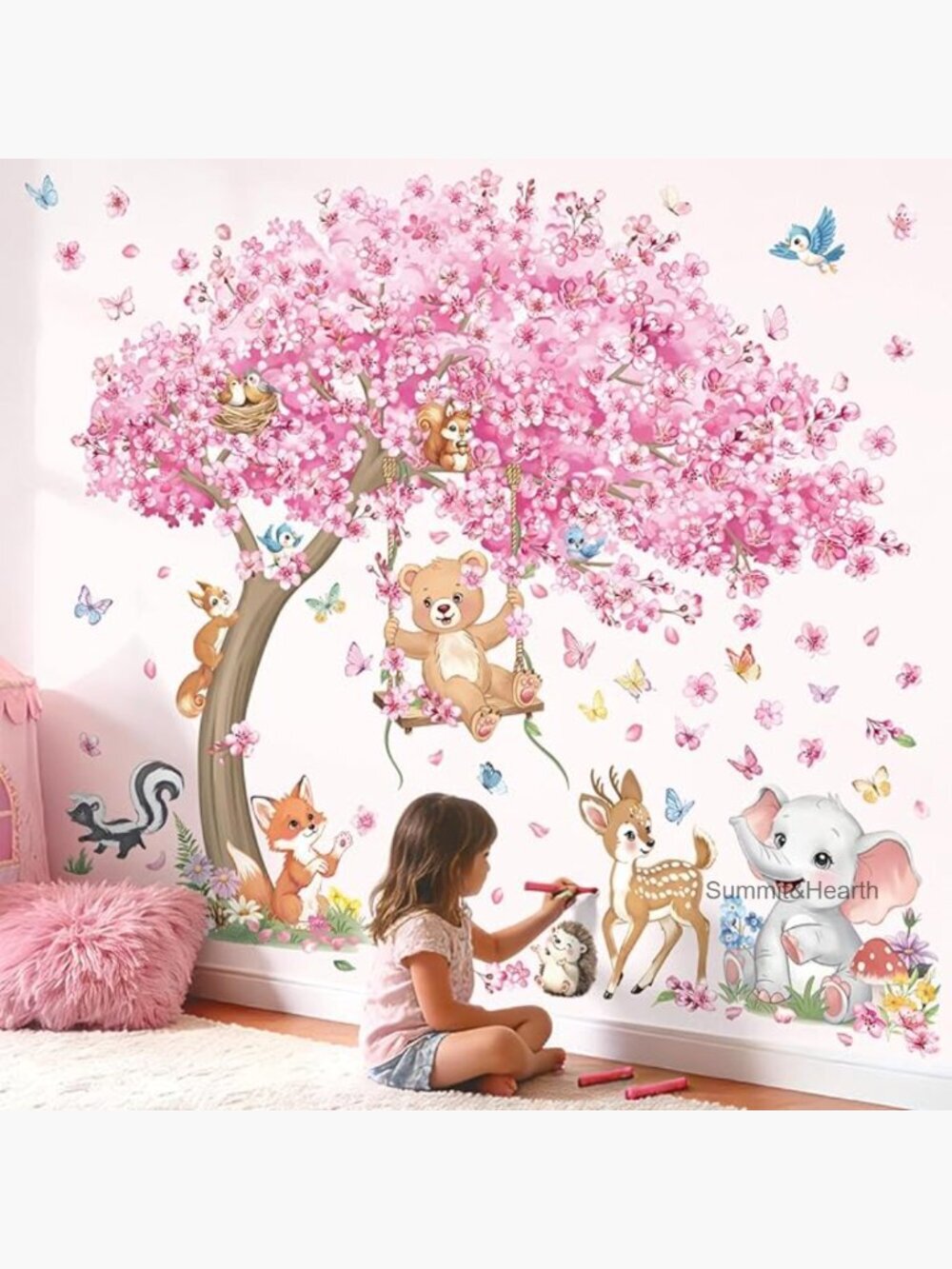 Large Cherry Blossom Tree Wall Decals with Woodland Animals Nursery Decor